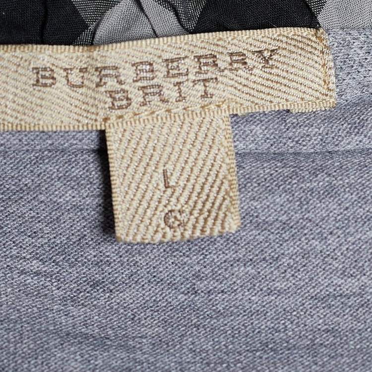 Pre Owned Burberry Brit Grey Cotton Pique Nova Check Collar Detail Polo T-Shirt L