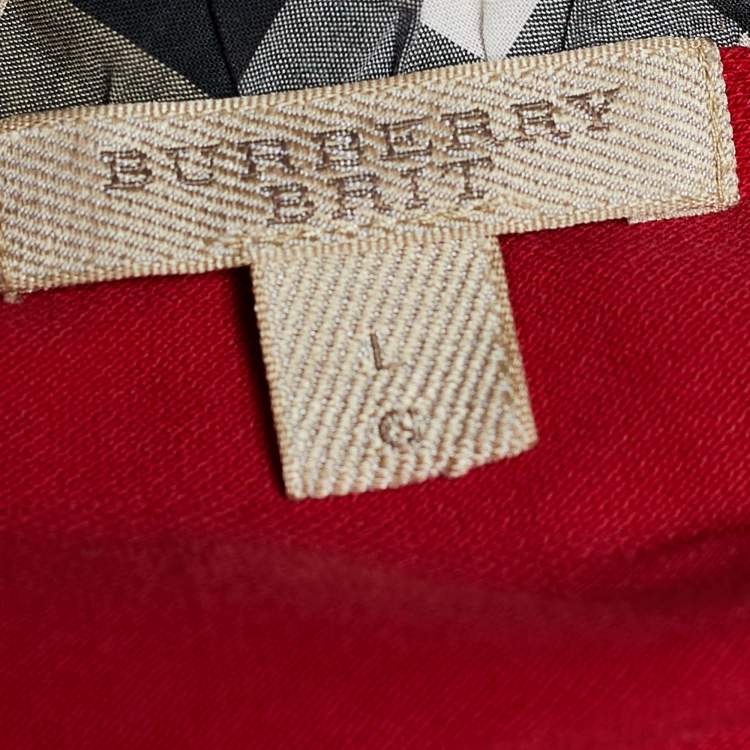 Pre Owned Burberry Brit Red Cotton Pique Nova Check Collar Detail Polo T-Shirt L