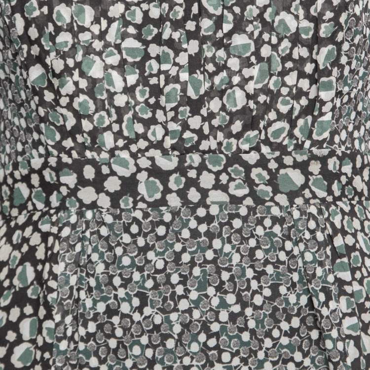 Pre Owned Burberry Brit Green Floral Printed Silk Pleated Front Long Sleeve Dress S