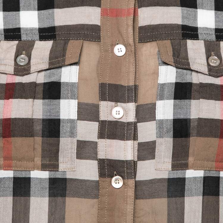 Pre Owned Burberry Brit Brown Checked Cotton Pocketed Blouse S