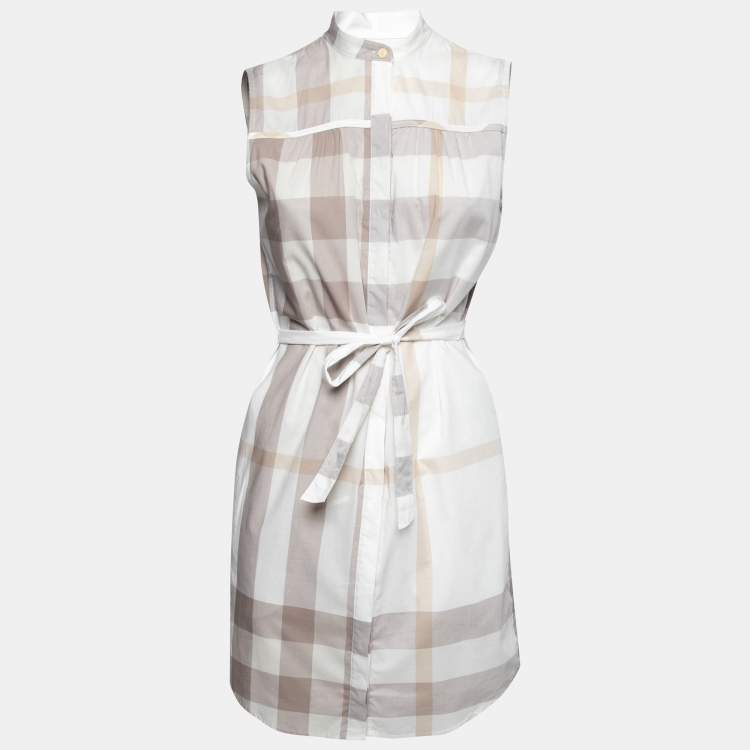 Pre Owned Burberry Brit Off White Checked Cotton Sleeveless Belted Shirt Dress S