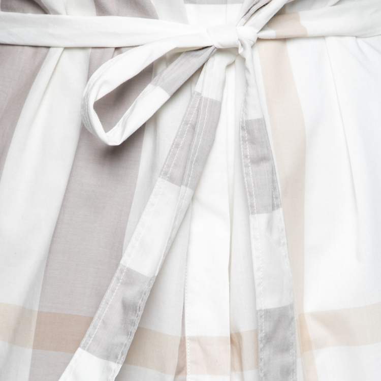 Pre Owned Burberry Brit Off White Checked Cotton Sleeveless Belted Shirt Dress S