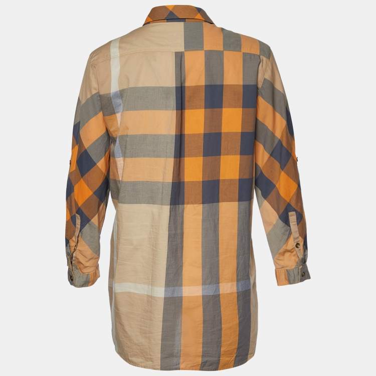 Pre Owned Burberry Brit Orange Checked Cotton Gathered Button Front Blouse M 