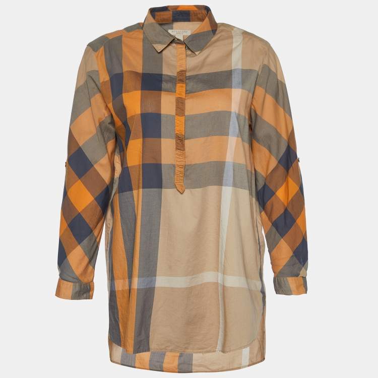 Pre Owned Burberry Brit Orange Checked Cotton Gathered Button Front Blouse M 
