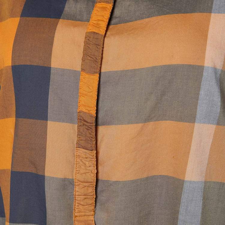 Pre Owned Burberry Brit Orange Checked Cotton Gathered Button Front Blouse M 