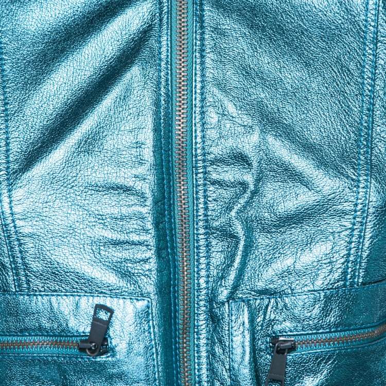 Pre Owned Burberry Brit Metallic Blue Leather Zip Front Biker Jacket S