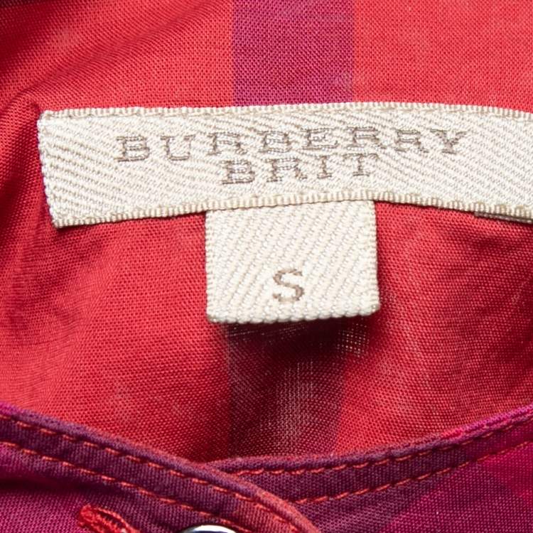 Pre Owned Burberry Brit Pink Madras Check Cotton Ruched Neck Detail Tunic S