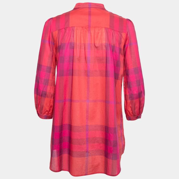 Pre Owned Burberry Brit Pink Madras Check Cotton Ruched Neck Detail Tunic S