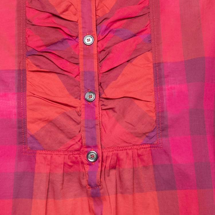 Pre Owned Burberry Brit Pink Madras Check Cotton Ruched Neck Detail Tunic S