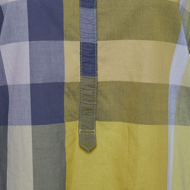 Pre Owned Burberry Brit Grey and Yellow Novacheck Cotton Ruched Placket Detail Shirt XS