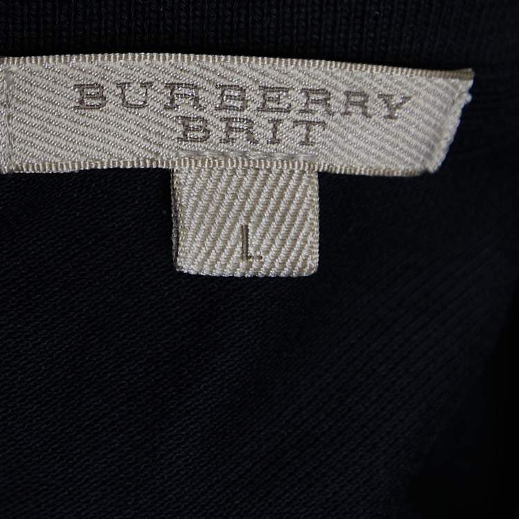 Pre Owned Burberry Brit Black Cotton Pique Nova Check Sleeve Detail Polo T-Shirt L