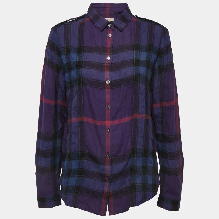 Pre Owned Burberry Brit Blue Plaid Cotton Blend Button Front Full Sleeve Shirt L