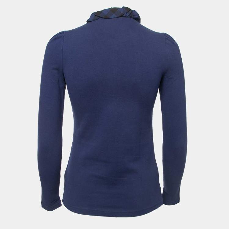 Pre Owned Burberry Brit Navy Blue Cotton Ruffled Collar Full Sleeve Polo T-Shirt XS
