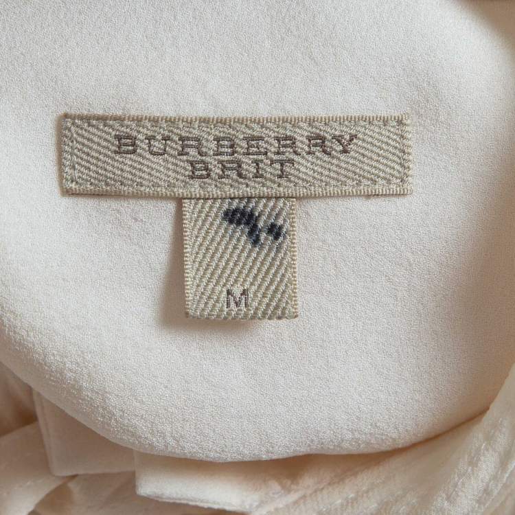 Pre Owned Burberry Brit Cream Pleated Silk Tie Neck Shirt M
