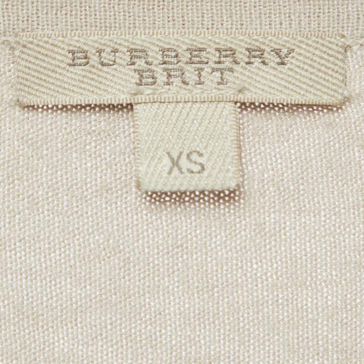 Pre Owned Burberry Brit Beige Checked Silk Blend Knit V-Neck T-Shirt XS