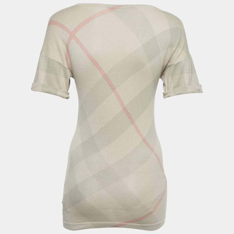 Pre Owned Burberry Brit Beige Checked Silk Blend Knit V-Neck T-Shirt XS
