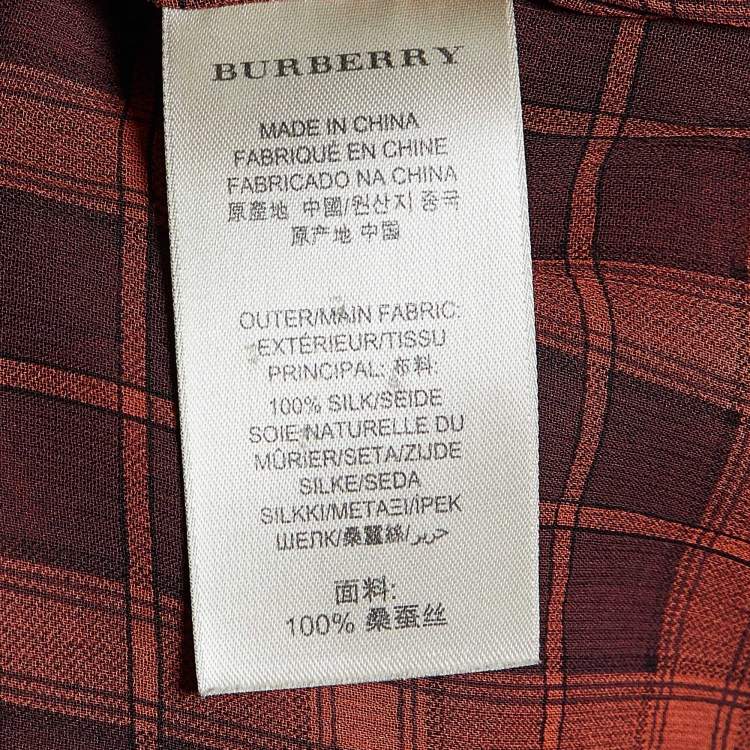 Pre Owned Burberry Brit Brick Red Plaid Check Silk Crepe Pleated Shirt XS