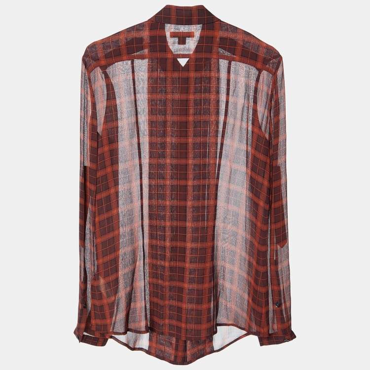 Pre Owned Burberry Brit Brick Red Plaid Check Silk Crepe Pleated Shirt XS