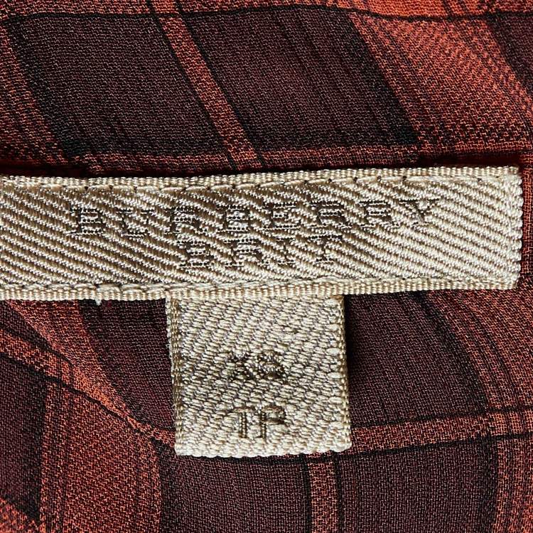 Pre Owned Burberry Brit Brick Red Plaid Check Silk Crepe Pleated Shirt XS