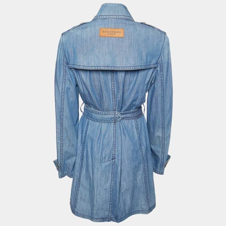 Pre Owned Burberry Brit Blue Denim Double Breasted Belted Trench Coat M