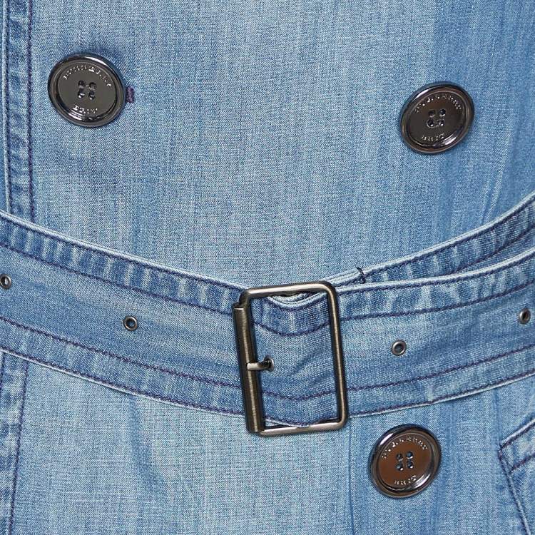 Pre Owned Burberry Brit Blue Denim Double Breasted Belted Trench Coat M