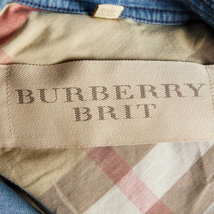 Pre Owned Burberry Brit Blue Denim Double Breasted Belted Trench Coat M