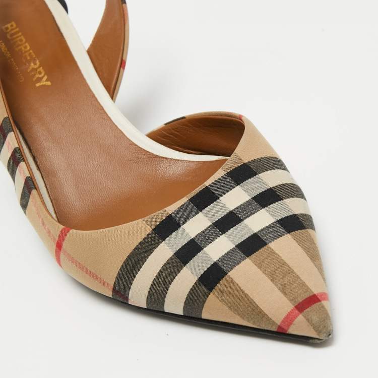 Pre Owned Burberry Brown Canvas Check Slingback Pumps Size 37