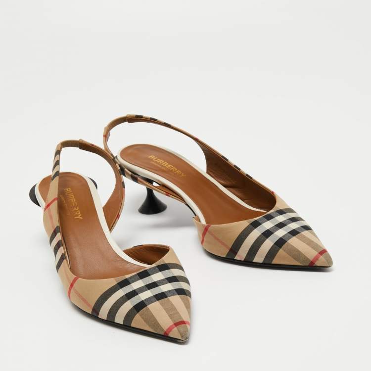Pre Owned Burberry Brown Canvas Check Slingback Pumps Size 37