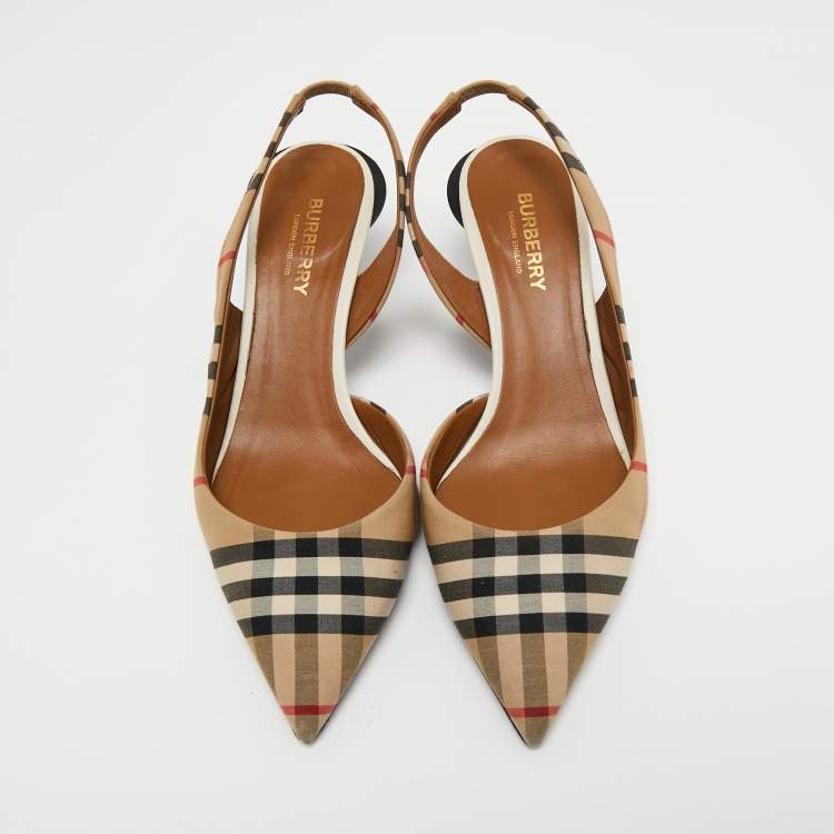 Pre Owned Burberry Brown Canvas Check Slingback Pumps Size 37