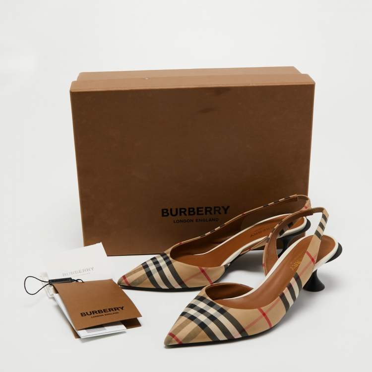 Pre Owned Burberry Brown Canvas Check Slingback Pumps Size 37