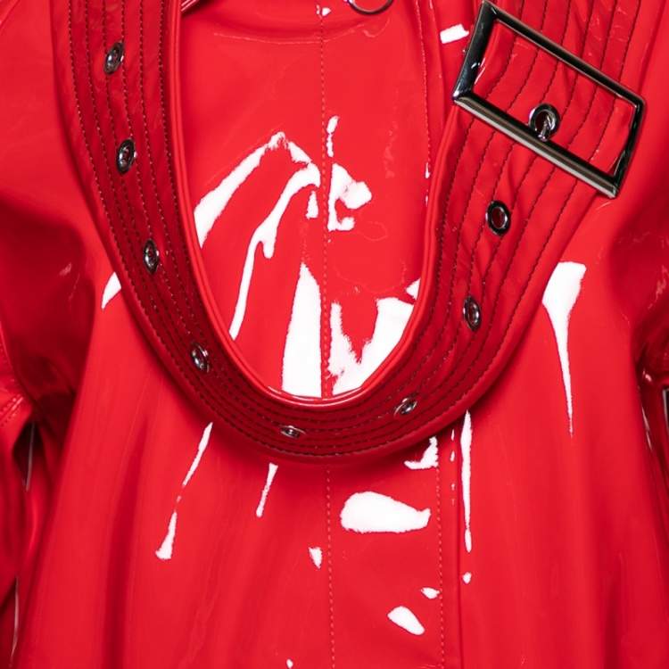 Pre Owned Burberry London Bright Red Faux Leather Belt Detail Coat S