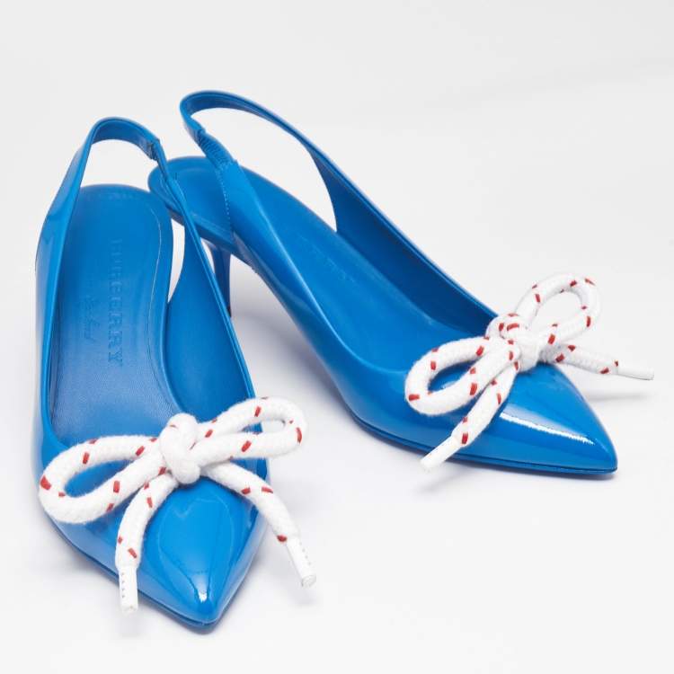 مملوكة مسبقًا Burberry Blue Patent Leather Fink Bow Slingback Pumps Size 36.5