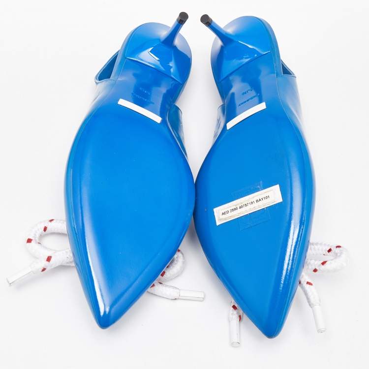 مملوكة مسبقًا Burberry Blue Patent Leather Fink Bow Slingback Pumps Size 36.5