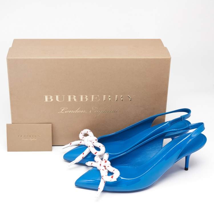 مملوكة مسبقًا Burberry Blue Patent Leather Fink Bow Slingback Pumps Size 36.5