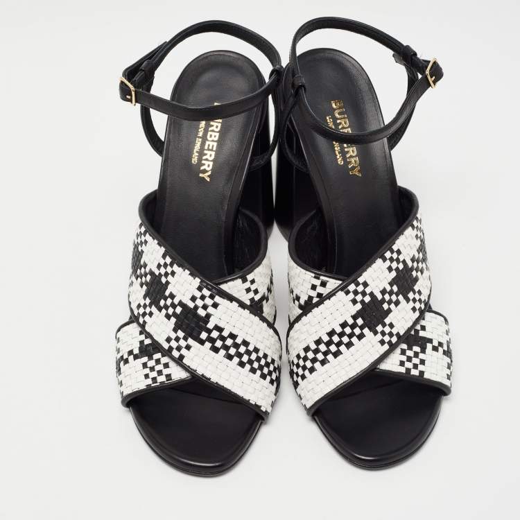Pre Owned Burberry Black/White Woven Leather London Ankle Strap Sandals Size 39