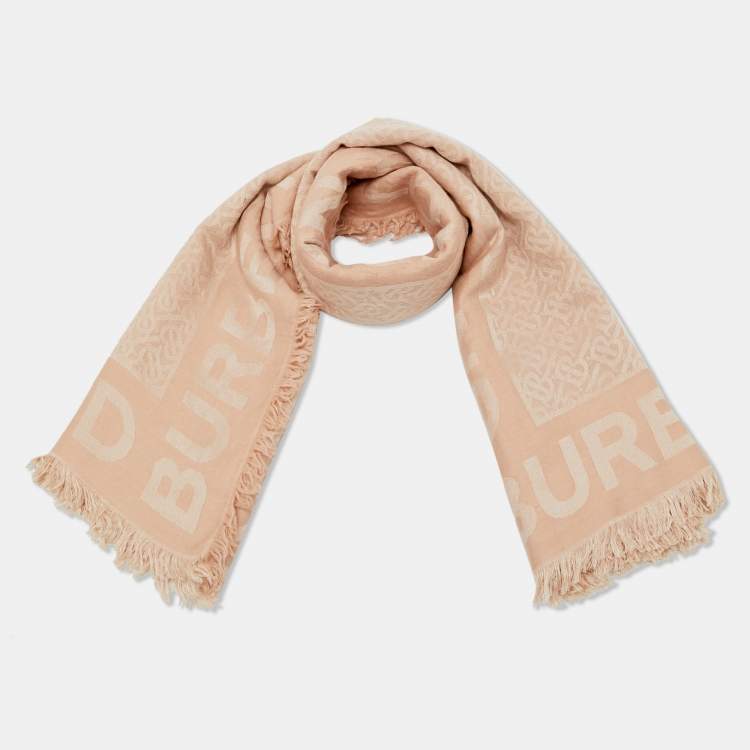 Pre Owned Burberry Peach Wool Silk Logo Scarf
