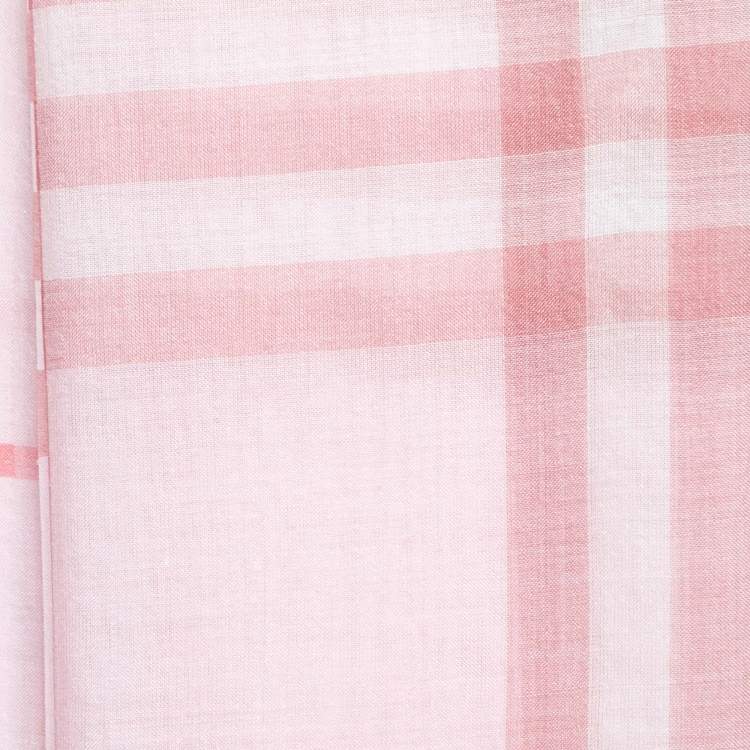 Pre Owned Burberry London Pink Giant Check Pattern Silk & Wool Fringed Scarf