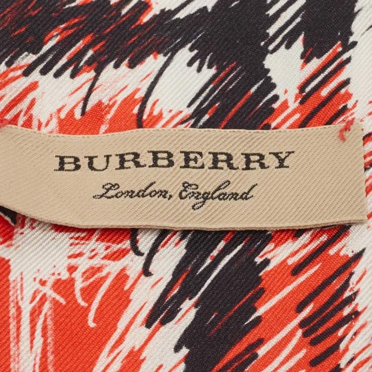 Pre Owned Burberry Orange/Beige Scribble Check Print Silk Bandeau Scarf