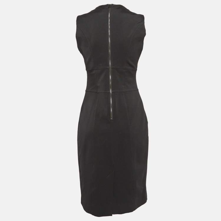Pre Owned Burberry London Black Leather Trim Stretch Knit Sheath Dress L