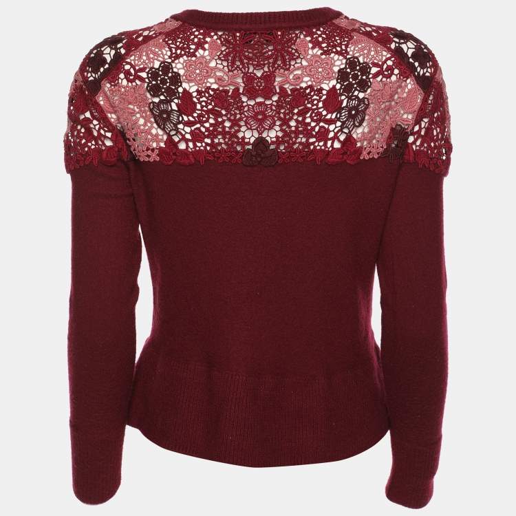 مملوكة مسبقًا Burberry London Burgundy Merino Wool Knit Macrame Lace Detail Button Front Cardigan M