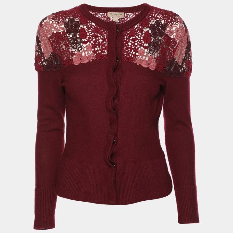 مملوكة مسبقًا Burberry London Burgundy Merino Wool Knit Macrame Lace Detail Button Front Cardigan M