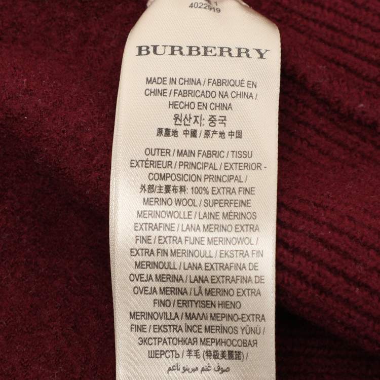مملوكة مسبقًا Burberry London Burgundy Merino Wool Knit Macrame Lace Detail Button Front Cardigan M
