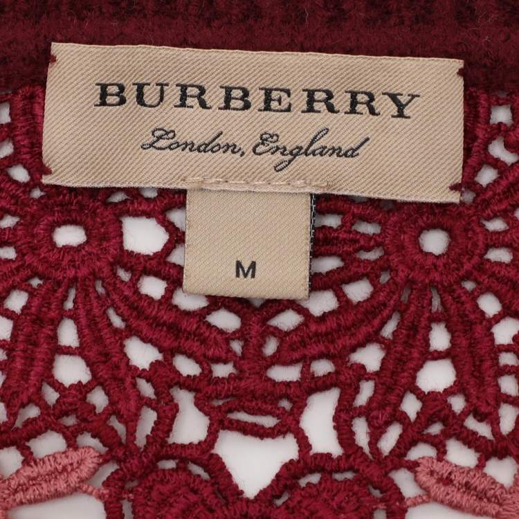 مملوكة مسبقًا Burberry London Burgundy Merino Wool Knit Macrame Lace Detail Button Front Cardigan M