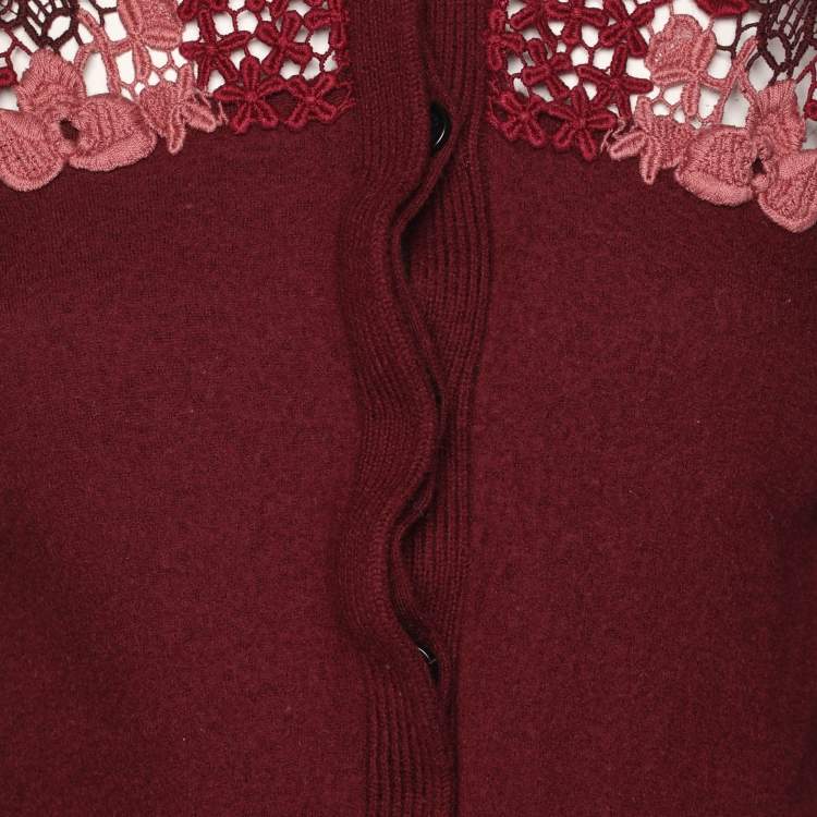 مملوكة مسبقًا Burberry London Burgundy Merino Wool Knit Macrame Lace Detail Button Front Cardigan M