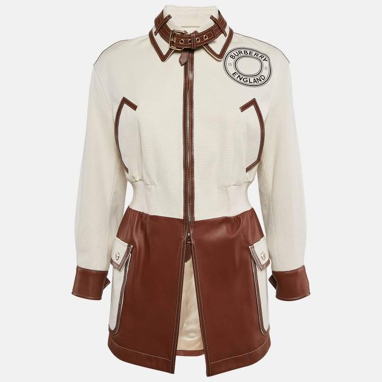 مملوكة مسبقًا Burberry London Beige/Brown Logo Print Canvas and Leather Zip-Up Jacket XXS