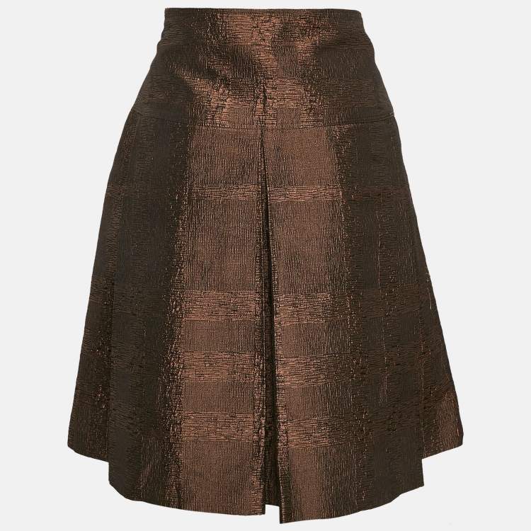 Pre Owned Burberry London Metallic Brown Tartan Checks Jacquard Pleated Knee-Length Skirt S