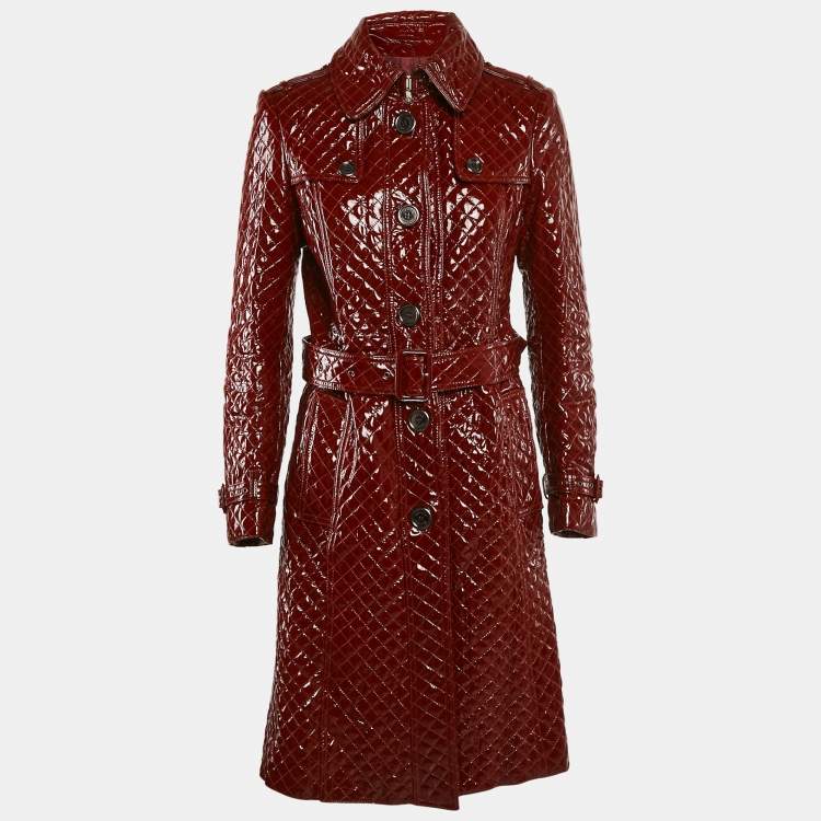 Pre Owned Burberry London Burgundy Leather Quilted Trench Coat S