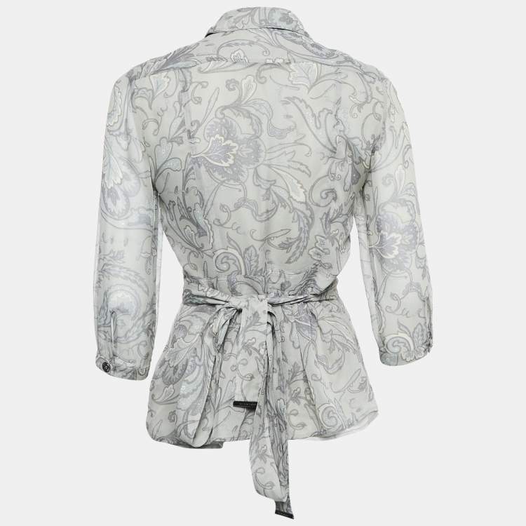 Pre Owned Burberry London Grey Printed Crepe Tie-Up Waist Pleated Top S