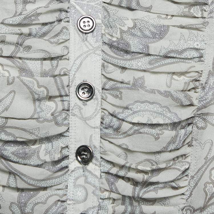 Pre Owned Burberry London Grey Printed Crepe Tie-Up Waist Pleated Top S