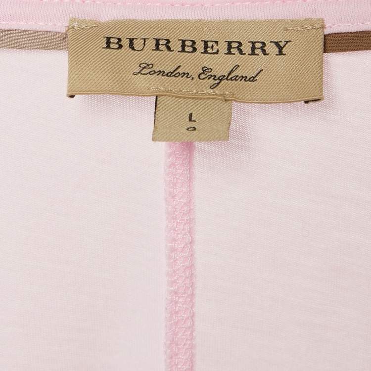 Pre Owned Burberry Pink Logo Embroidered Cotton V-Neck T-Shirt L
